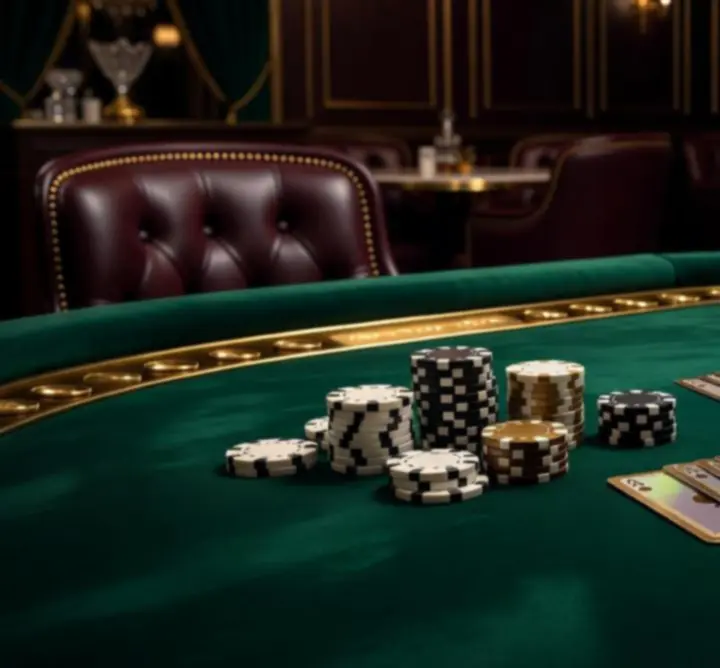 Ekskluzywne stoły pokerowe z eleganckim zielonym suknem i premium żetonami w TorqueGarageWorks.