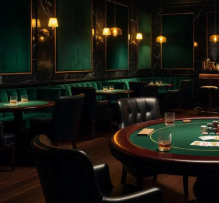 Luksusowe wnętrze café-baru z eleganckim stołem pokerowym