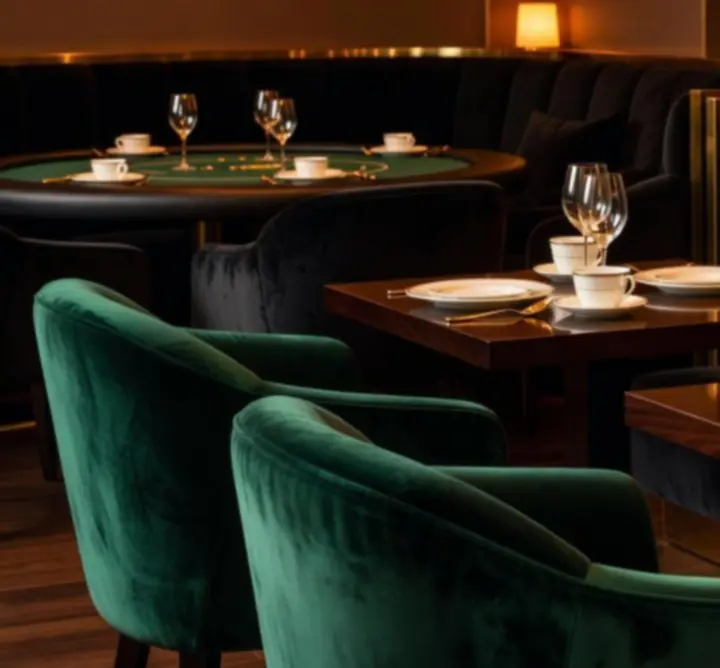 Eleganckie wnętrze café-baru z ciemnymi barwami i złotymi detalami