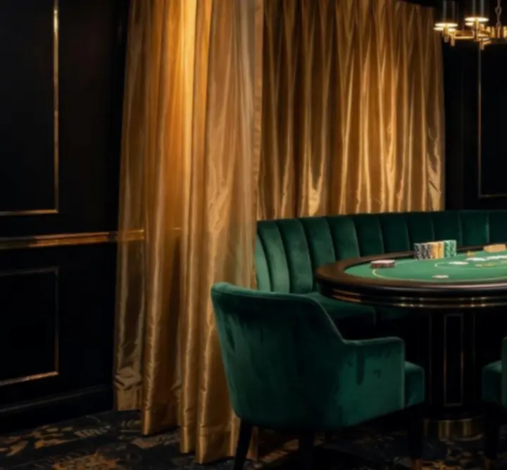 Wydzielona strefa VIP z eleganckimi fotelami i stołem pokerowym w TorqueGarageWorks.