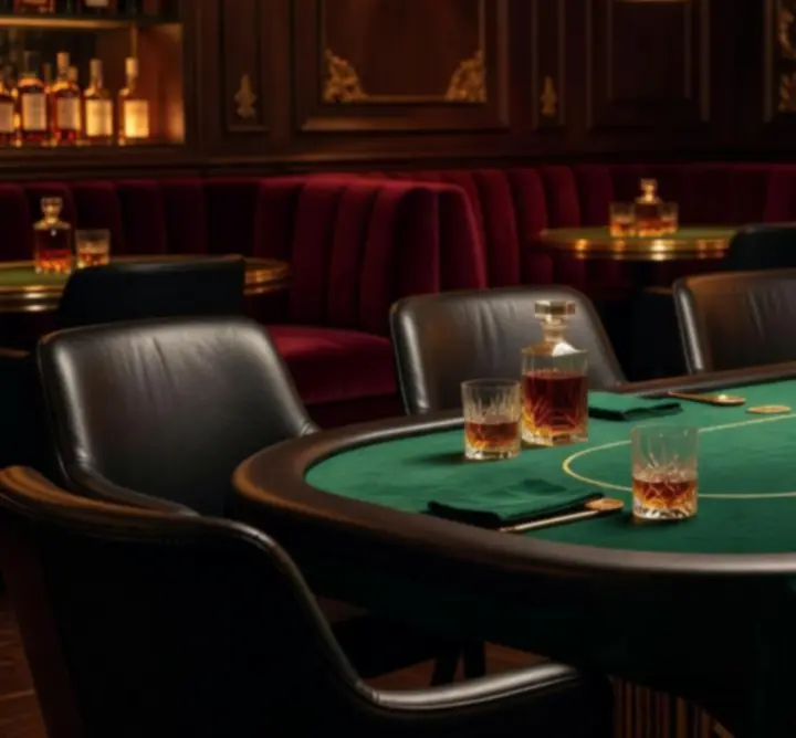 Ekskluzywny stolik VIP przygotowany na pokerowy wieczór w TorqueGarageWorks