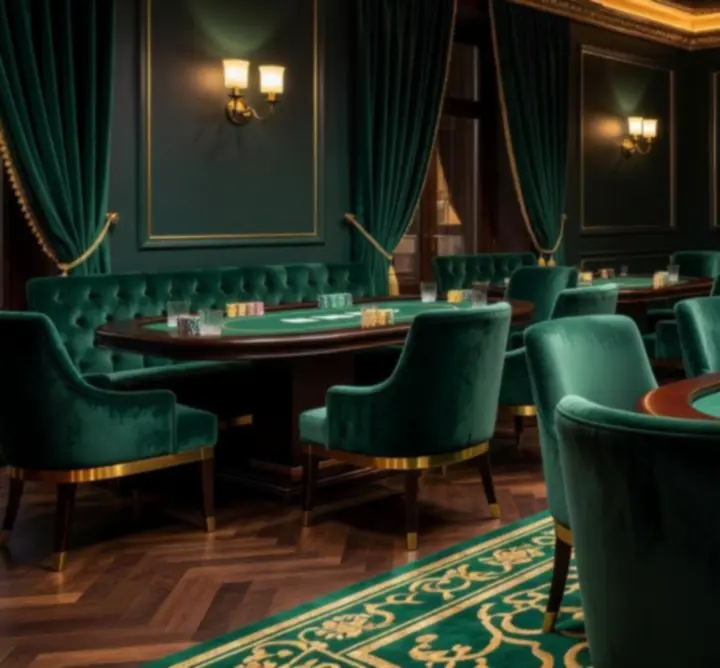 Luksusowe wnętrze café-baru z eleganckim stołem pokerowym